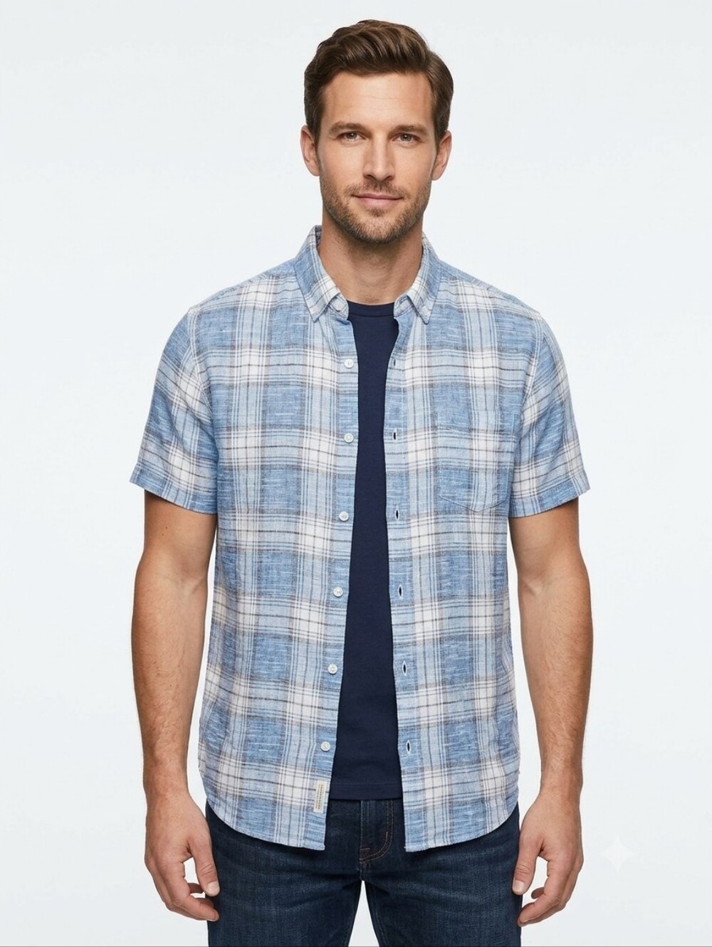 Weatherproof Vintage Linen Cotton Blue Plaid Short Sleeve Shirt Men's Sz Large